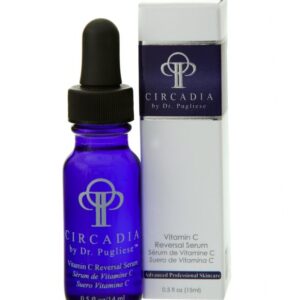A bottle of serum with blue label sitting next to it.